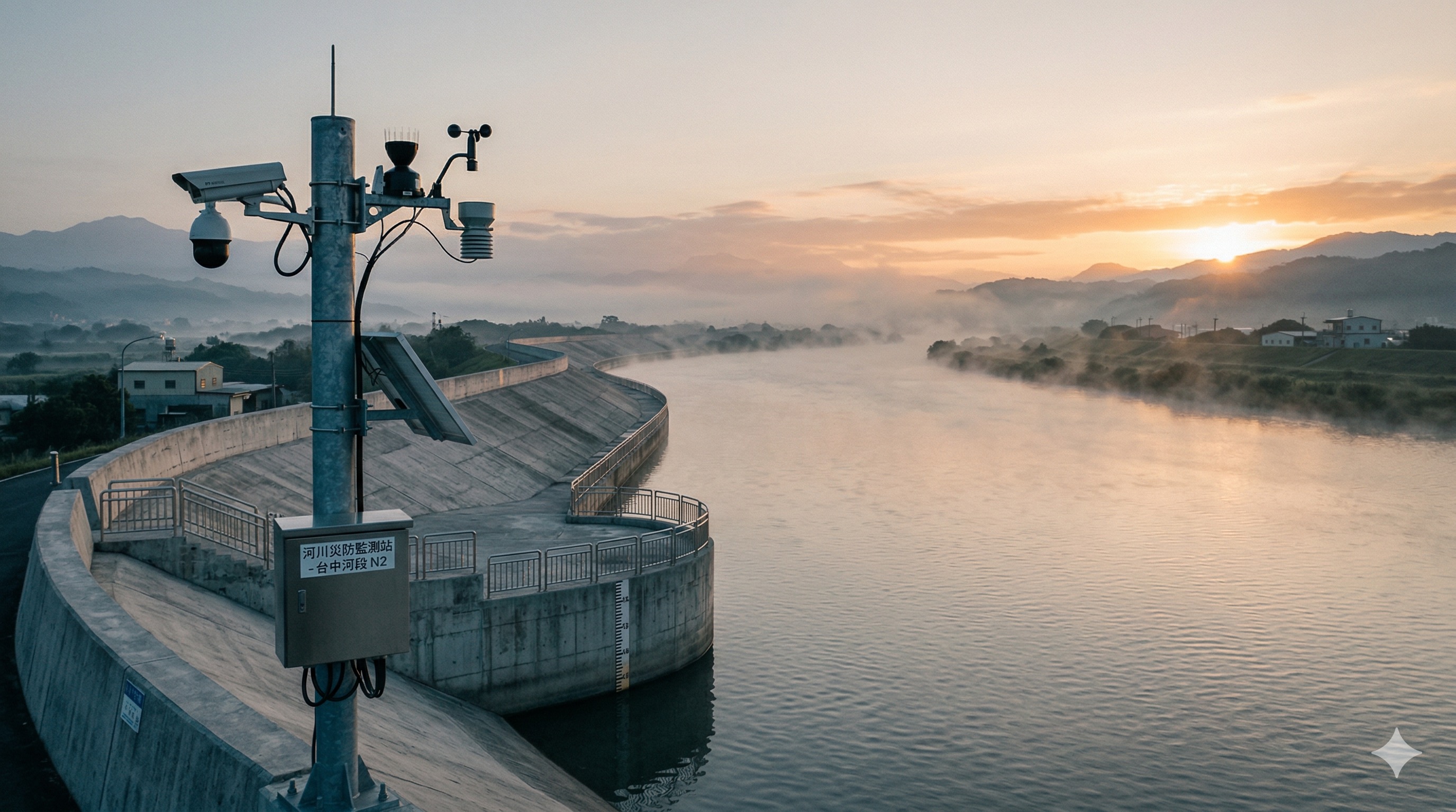 Wide cinematic shot of a modern agricultural barn at sunrise