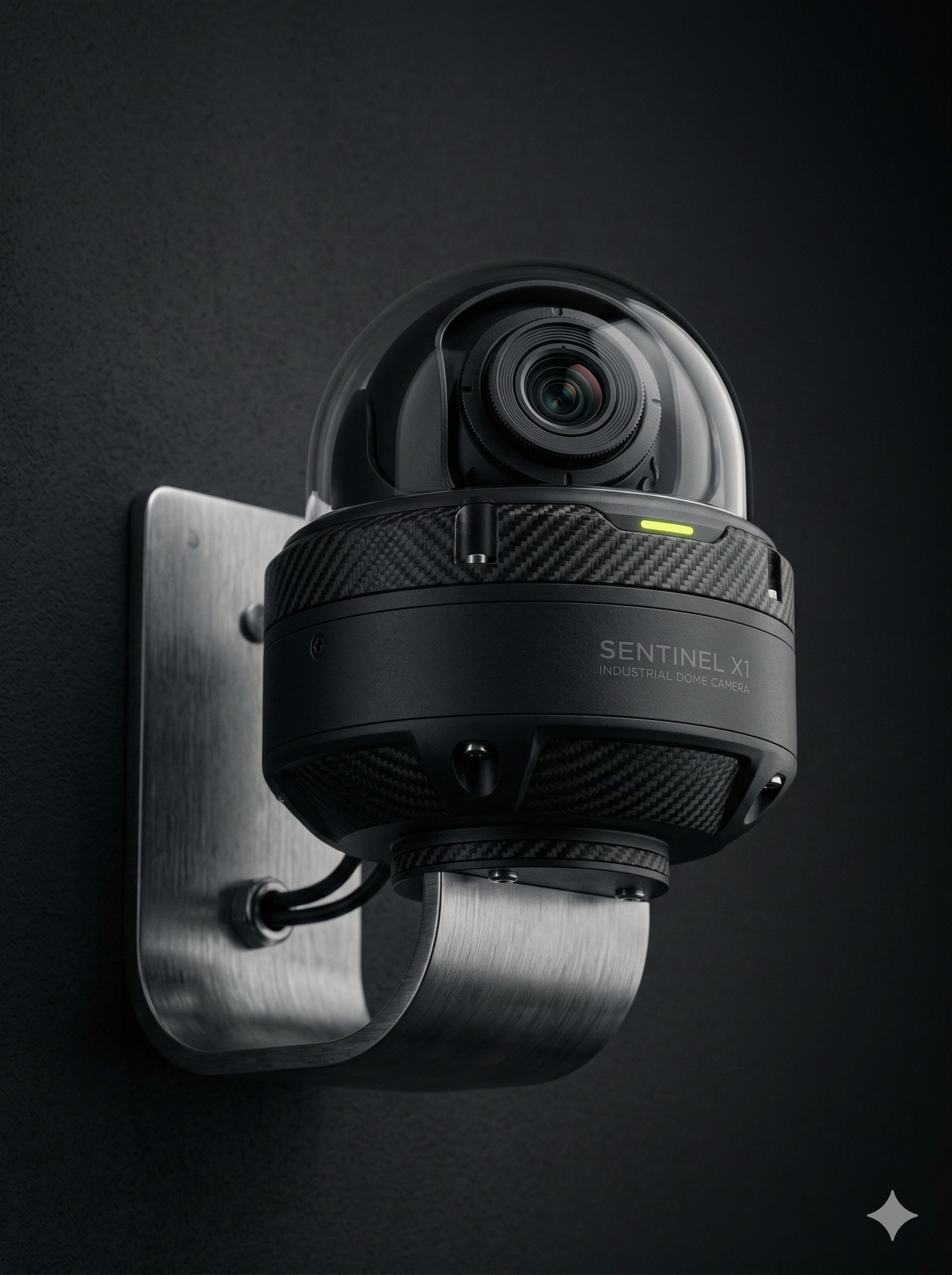 High-end industrial dome security camera with matte black finish and carbon fiber accents