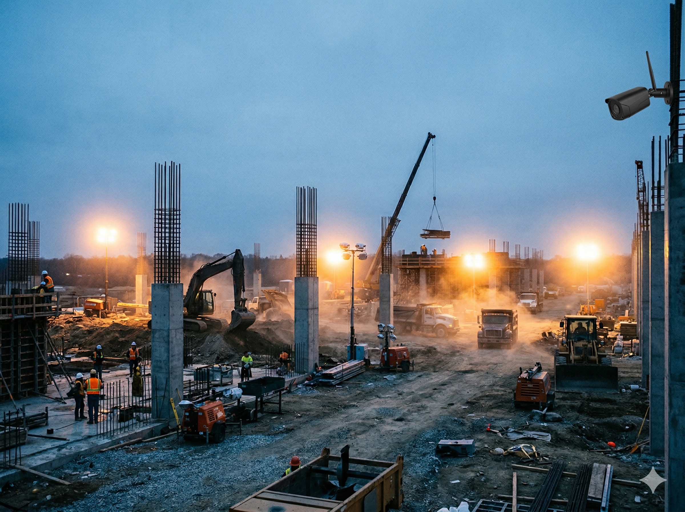 Construction site with surveillance camera monitoring progress
